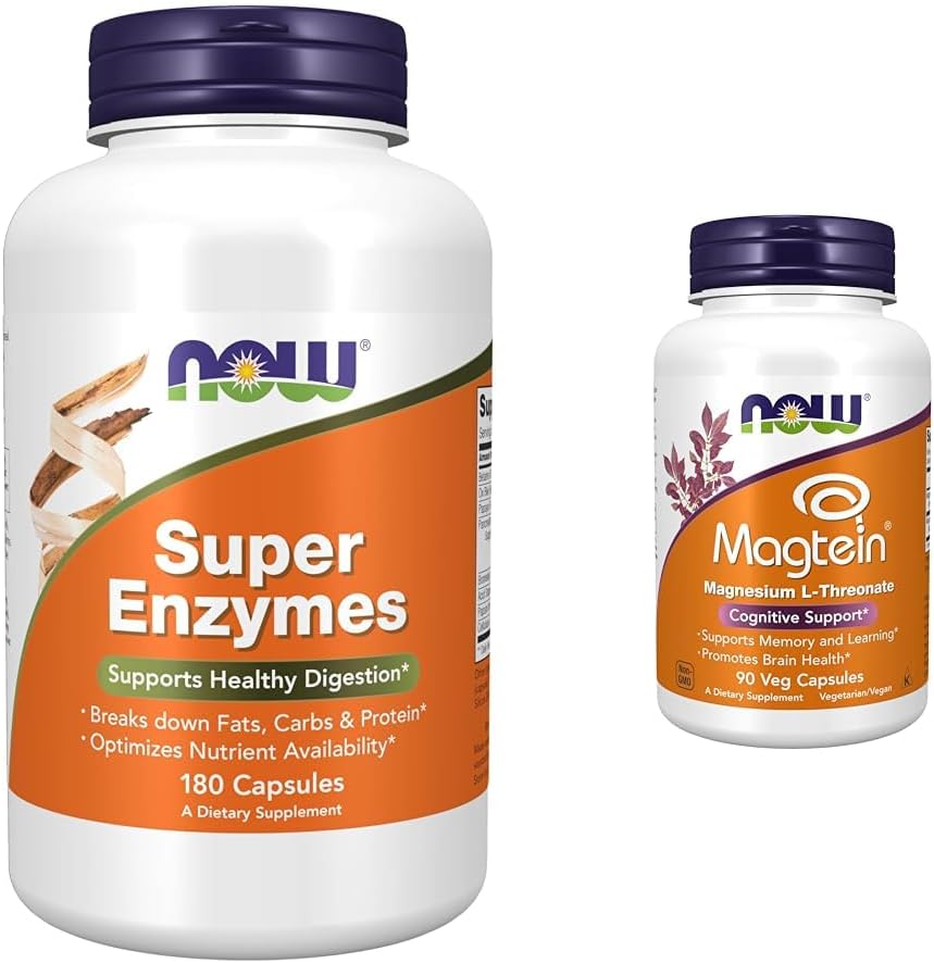 NOW Συμπληρώματα, Super Enzymes, Formulated with Bromelain, Ox Bile, Pancreatin και Papain,180 Κάψουλες & Συμπληρώματα, MagteinTM με πατενταρισμένη μορφή μαγνησίου (Mg), Γνωστική Υποστήριξη*, 90 Veg Κάψουλες
