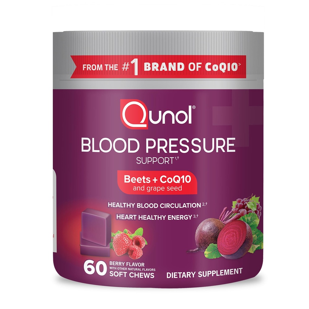 Qunol Beets Cheets for Blood Pressure Support, 3 in 1 Beets + CoQ10 + εκχύλισμα σπόρων σταφυλιών, Υποστηρίζει υγιή κυκλοφορία του αίματος & καρδιά υγιή ενέργεια, 60 μάσημα