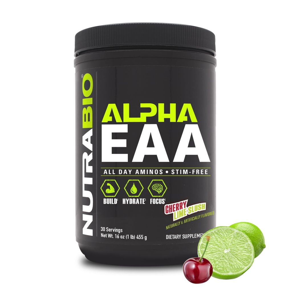 NutraBio Alpha EAA - All-Day Αμινοξέα για την ανάπτυξη των μυών και την ενυδάτωση - Essential Amino Acids with Nootropics & Adaptogens- Full Spectrum EAA BCAA Powder - 30 Servings - Cherry Lime Slus