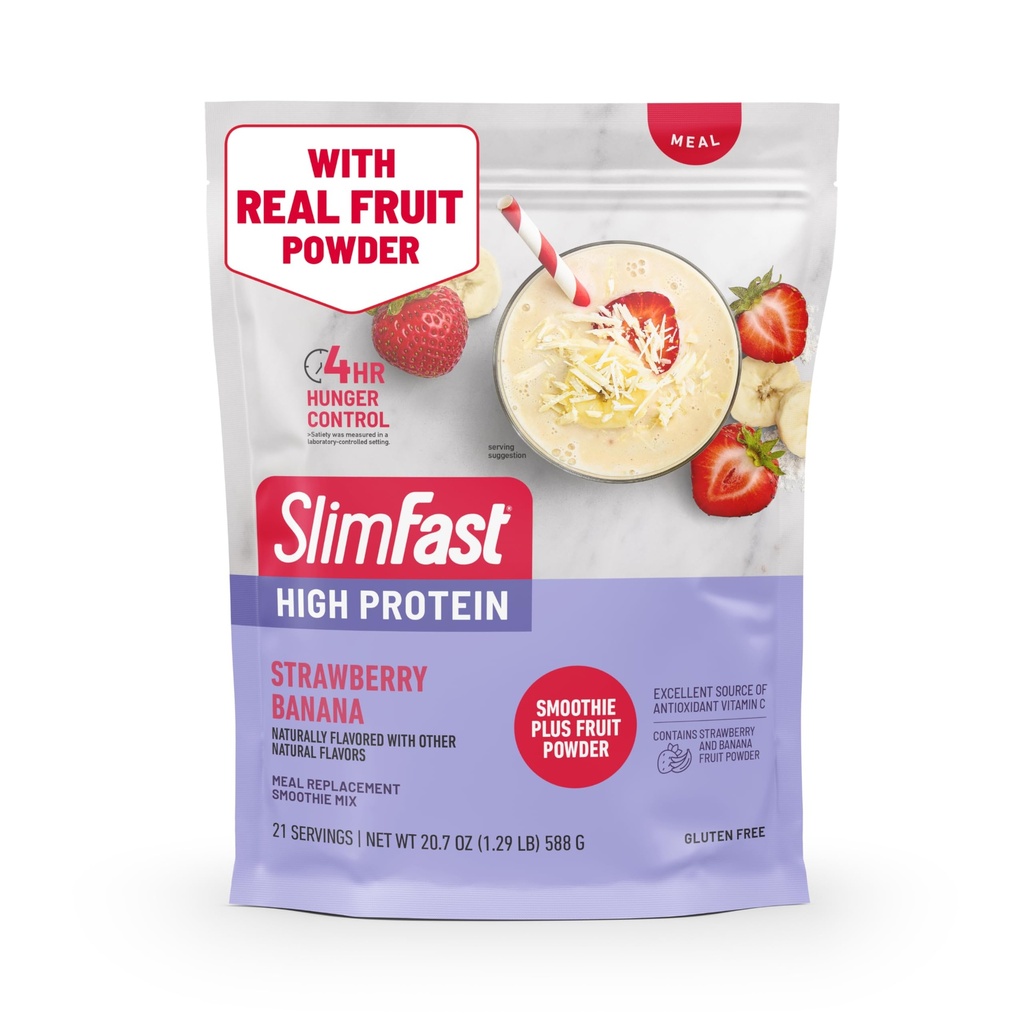 SlimFast υψηλής πρωτεΐνης Smoothie Mix Plus σκόνη φρούτων, υψηλής πρωτεΐνης αντικατάσταση γεύματος σκόνη, Ίνες, βιταμίνη C, 21 σερβιέτες, 1,29 λίρες, μπανάνα φράουλα (συσκευασία Μαΐου Vary)
