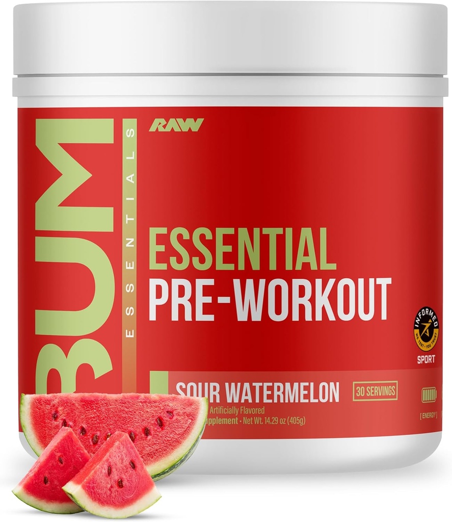 RAW Essential Pre-Workout Powder (Sour Watermelon) - Chris Bumstead Sports Συμπλήρωμα διατροφής για άνδρες και γυναίκες - Preworkout Energy Powder με καφεΐνη, L-Citrulline, L-Tyrosine, & Beta Alanine Blend