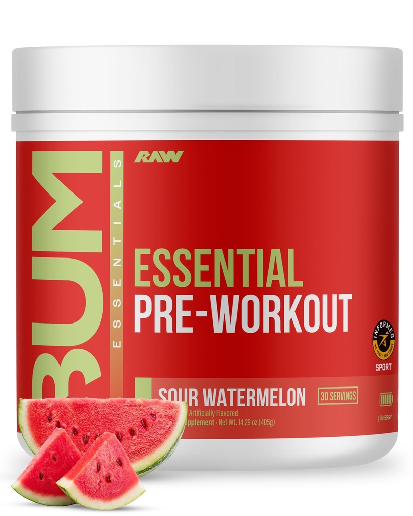 RAW Essential Pre-Workout Powder (Sour Watermelon) - Chris Bumstead Sports Συμπλήρωμα διατροφής για άνδρες και γυναίκες - Preworkout Energy Powder με καφεΐνη, L-Citrulline, L-Tyrosine, & Beta Alanine Blend