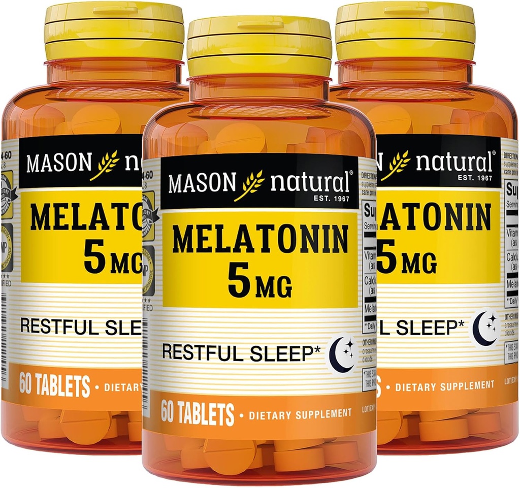 MASON NATURAL Μελατονίνη 5 mg με B6 και Ασβέστιο - Natural Sleep Aid, Supports Healthy Sleep & Rest, 60 δισκία (Pack of 3)