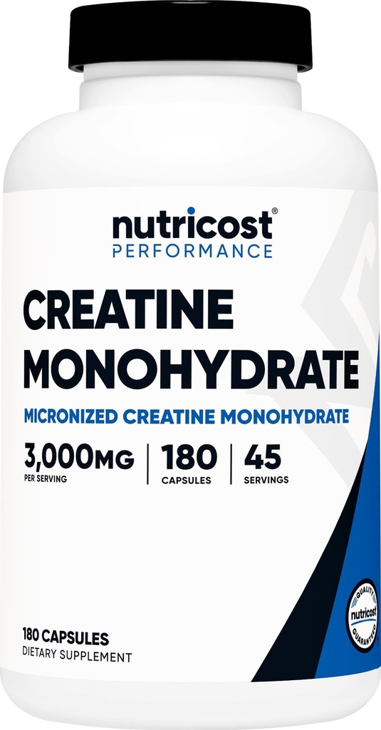 Nutricost Creatine Monohydrate 3.000mg, 180 Κάψουλες (750mg ανά κάψουλα) - Χωρίς γλουτένη, Μη ΓΤΟ