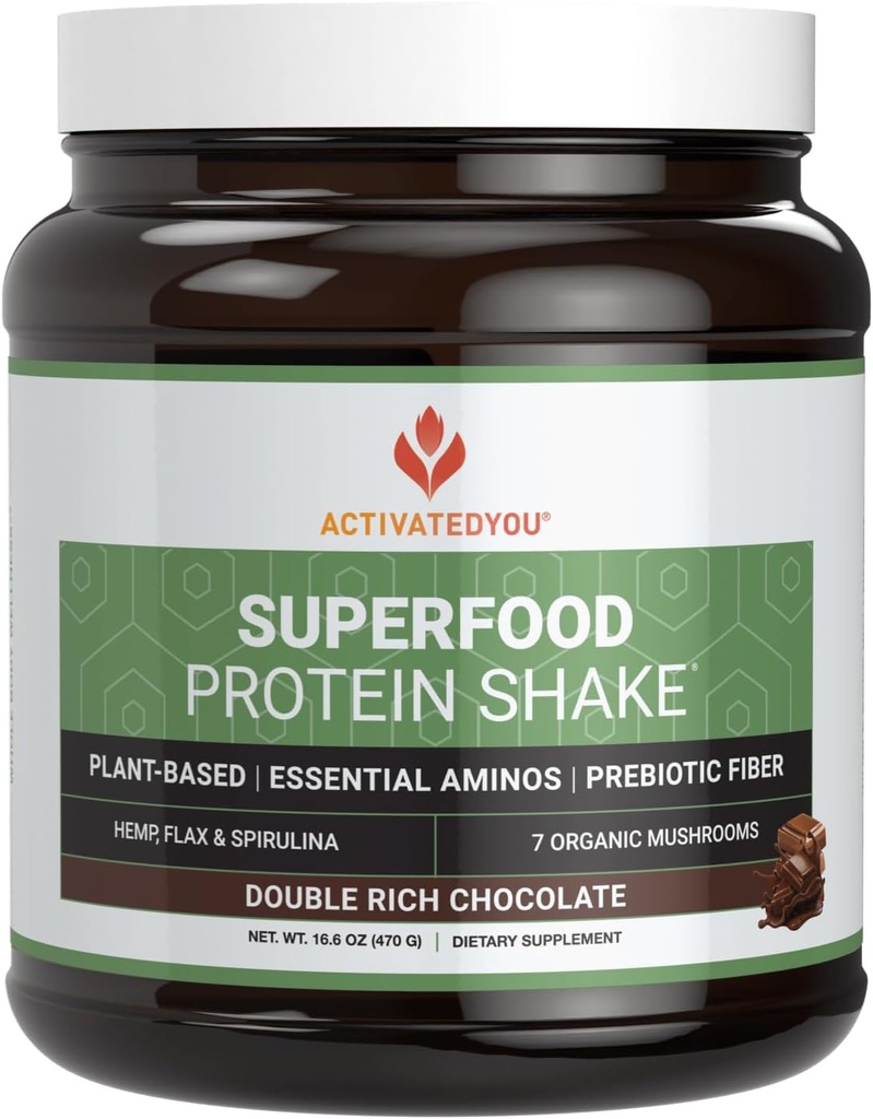 ACTIVATEDYOU Superfood Protein Shake -Vegan Plant Protein Powder - με οργανική 7 Mushroom Blend, Spirulina, και GoldRella Chlorella - Προάγει την ακεραιότητα των μυών, Σοκολάτα Γεύση (15 υπηρεσίες)