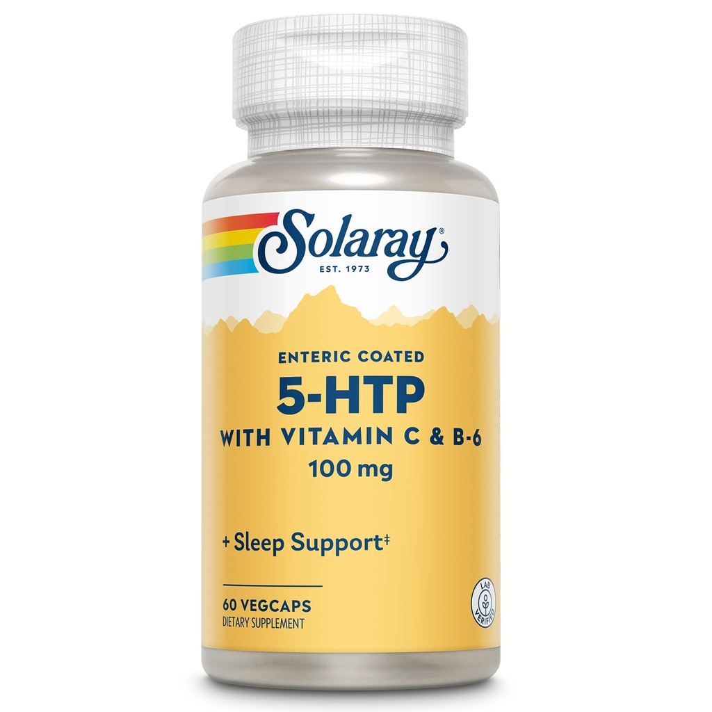 SOLARAY 5 HTP συμπλήρωμα με βιταμίνη C & B-6 - συμπλήρωμα ύπνου και σεροτονίνης Synthesis Υποστήριξη - Lab Επαληθευμένο, 60 ημερών εγγύηση επιστροφής χρημάτων - 60 εξυπηρετήσεις, 60 Enteric Coated VegCaps
