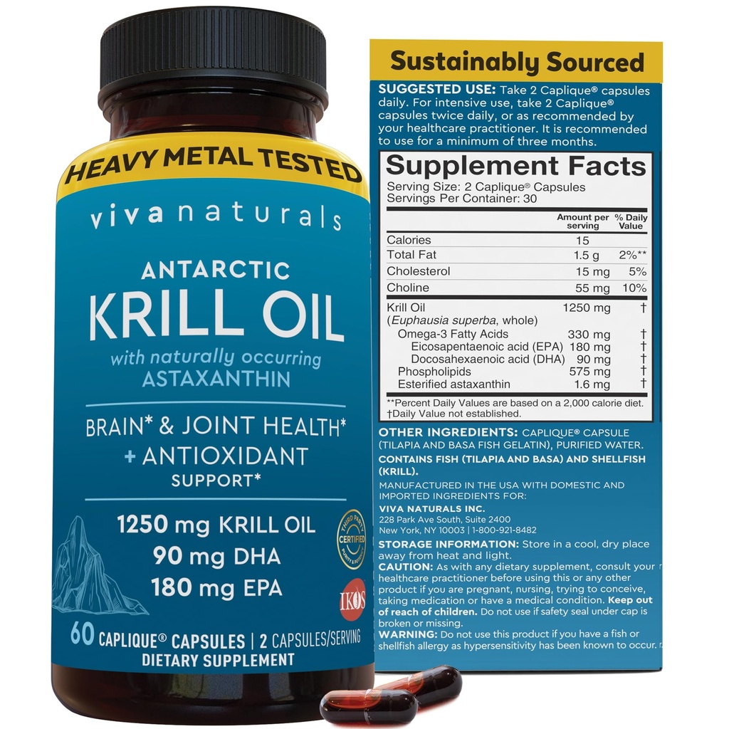 Viva Naturals Antarctic Krill Oil Omega 3 Συμπληρώματα 1250 mg - DHA EPA Omega-3 & Ασταξανθίνη Συγκέντρωση για Κοινή Υγεία, Όχι Ψάρια Burp - 60 Krll Oil Κάψουλες