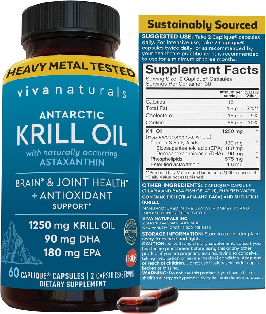 Viva Naturals Antarctic Krill Oil Omega 3 Συμπληρώματα 1250 mg - DHA EPA Omega-3 & Ασταξανθίνη Συγκέντρωση για Κοινή Υγεία, Όχι Ψάρια Burp - 60 Krll Oil Κάψουλες