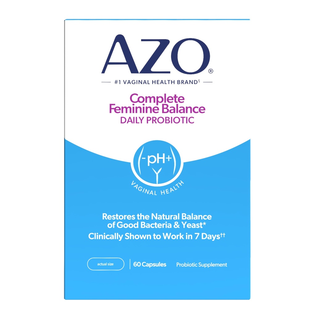 AZO Complete Feminine Balance Daily Probiotics for Women, Clinically Αποδεδειγμένα για να βοηθήσει στην προστασία της κολπικής υγείας, βοηθά στην ισορροπία pH και μαγιά, μη ΓΤΟ, 60 Count