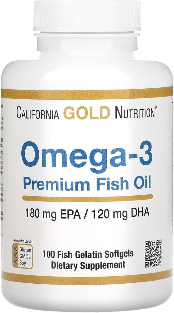 Gold Nutrition της Καλιφόρνιας Omega-3 Premium Fish Oil, συμπυκνωμένη Φόρμουλα με EPA & DHA, Υποστήριξη για το βέλτιστο προφίλ λιπιδίων & ανοσοποιητικό σύστημα, Χωρίς γλουτένη, Μη ΓΤΟ, 100 ψάρια Ζελατίνη Softgels