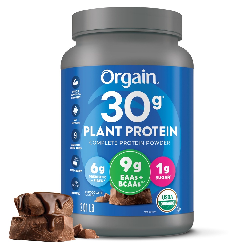 Orgain Organic 30g Vegan Protein Powder, Chocolate 9g EAAs + BCAAs, Πρωτεΐνες φυτών, 6g Prebiotic + Fiber, 1g Ζάχαρη, Προ-ασκητική, Υποστήριξη μυών + Ανάκτηση - 2.01lb (Packaging May Vary)