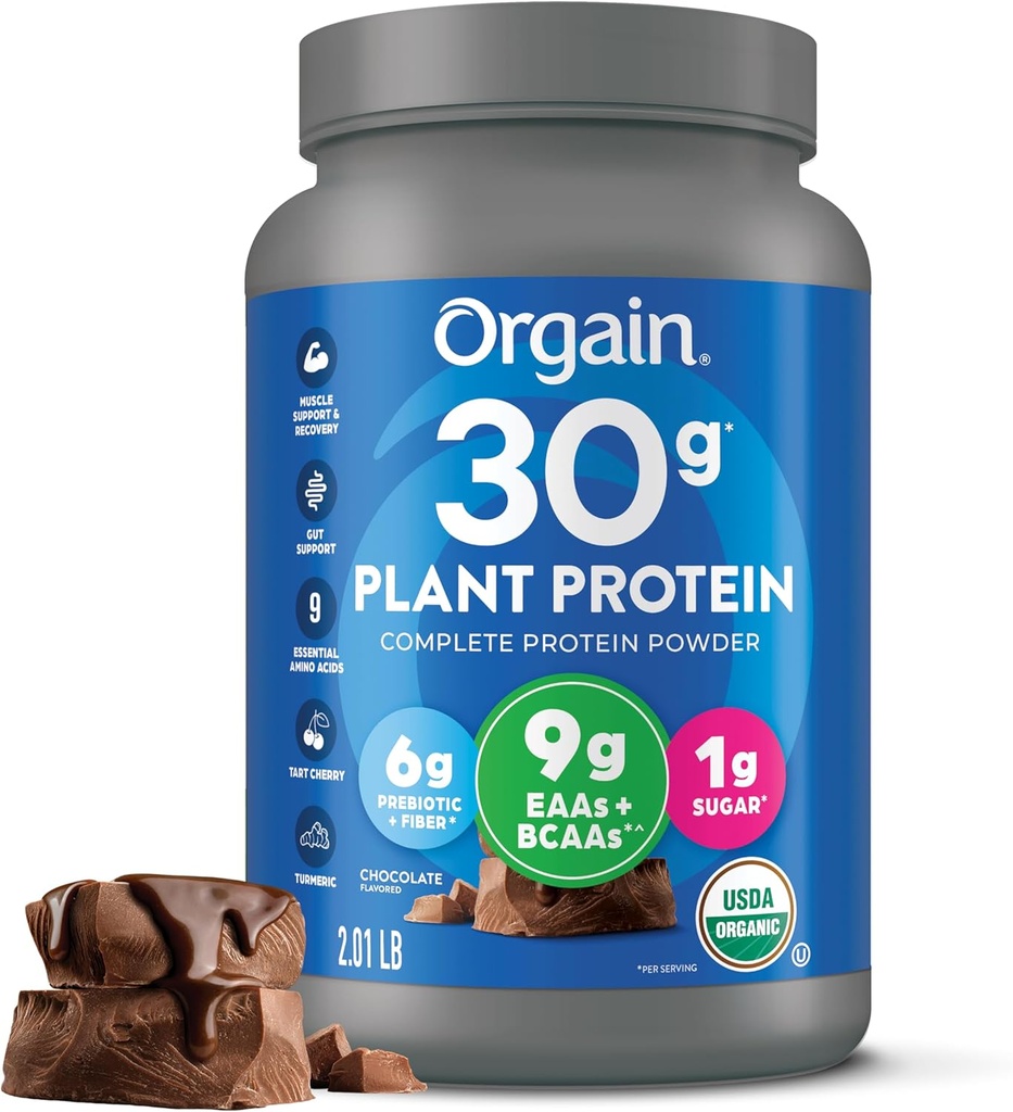 Orgain Organic 30g Vegan Protein Powder, Chocolate 9g EAAs + BCAAs, Πρωτεΐνες φυτών, 6g Prebiotic + Fiber, 1g Ζάχαρη, Προ-ασκητική, Υποστήριξη μυών + Ανάκτηση - 2.01lb (Packaging May Vary)