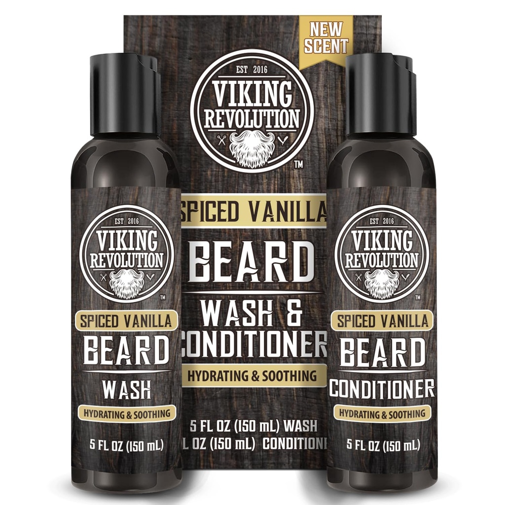 Viking Revolution Beard Wash and Beard Conditioner for Men with Argan Oil and Jojoba Oil - Beard Αποσκληρυντής και ενισχυτής Beard Care Shampoo και Conditioner με Beard Oil (5oz, Spiced Vanilla)