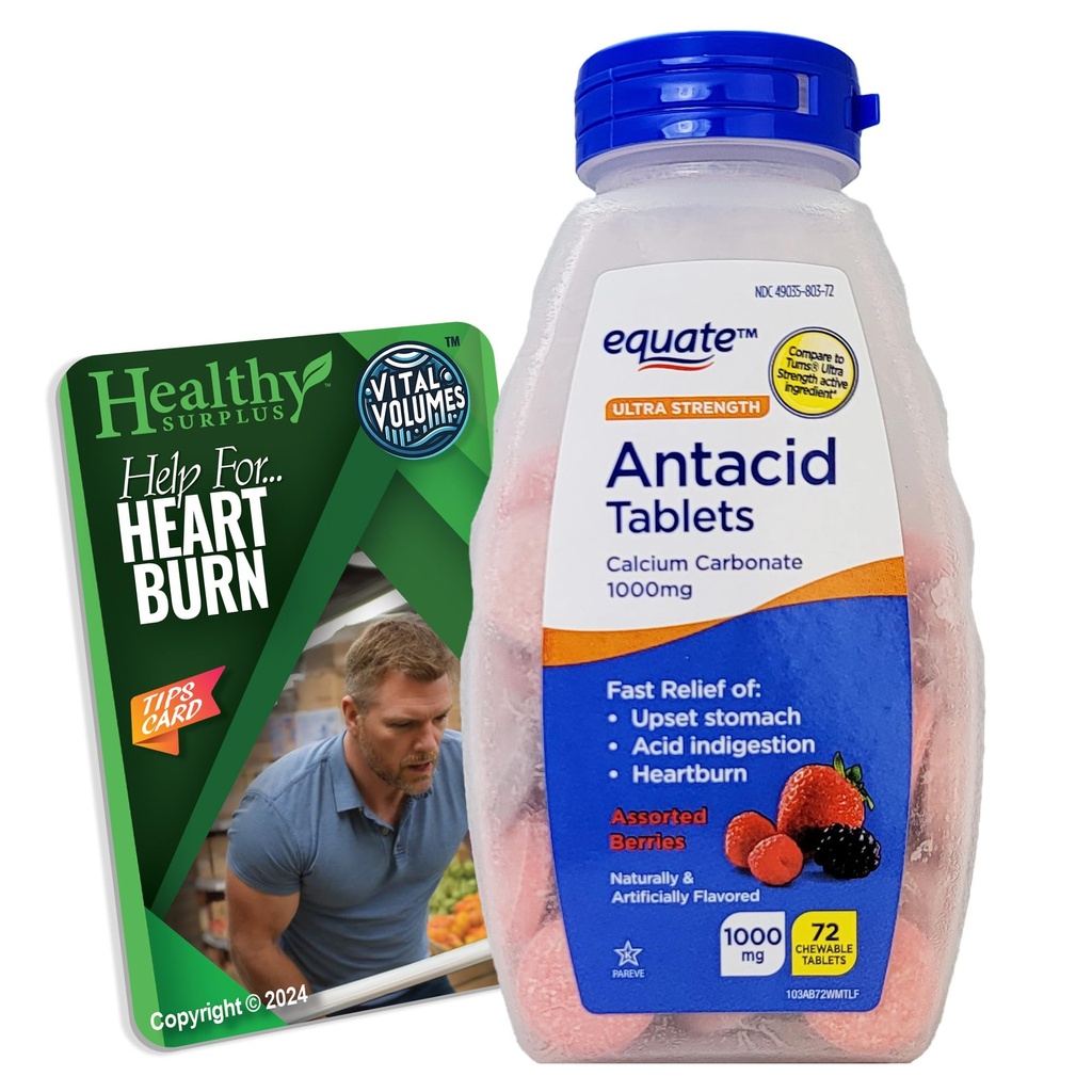 Ultra Strength Antacid Tablets - Calcium Carbonate 1000mg - 71 Chewable Tablets Assorted Berries and Vital Volumes Tips Card Bundle