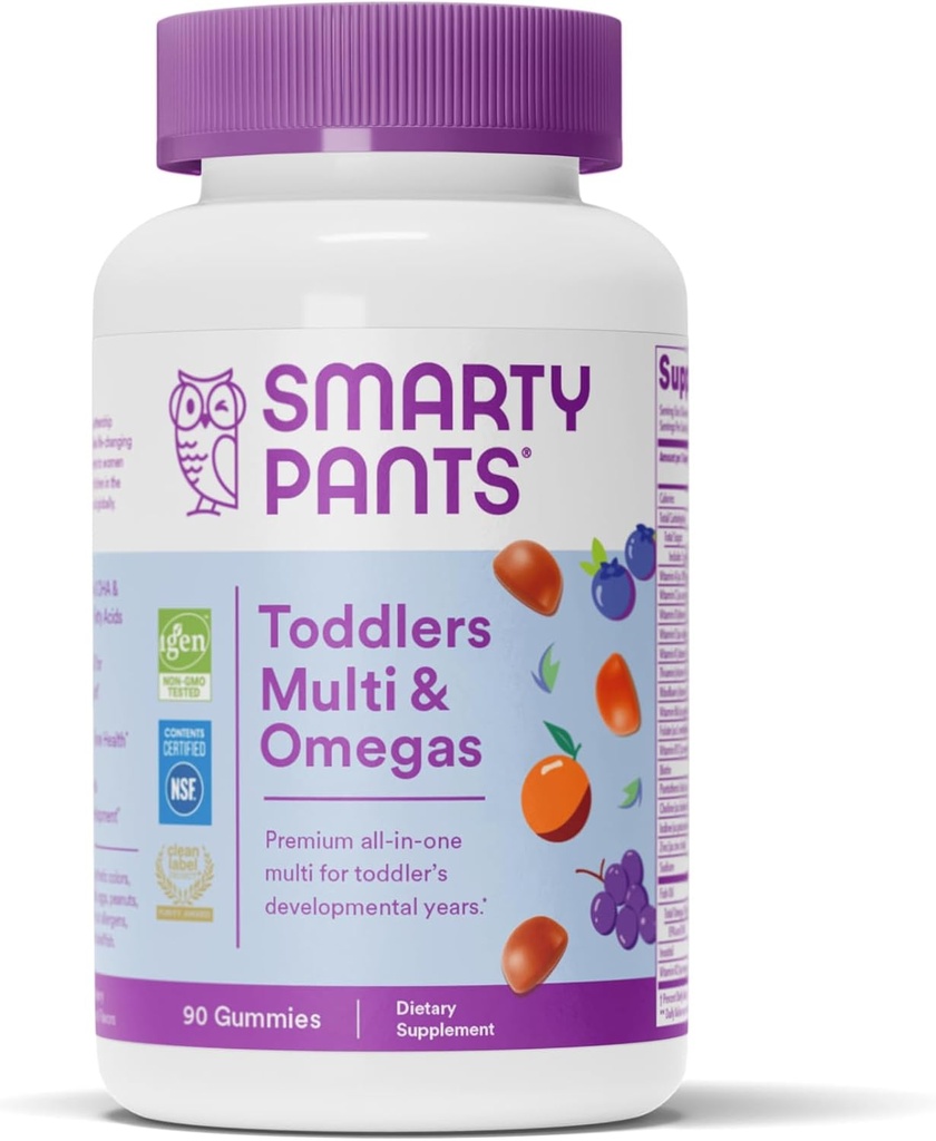 SmartyPants Toddler Multivitamin Gummies: Omega 3 Fish Oil (EPA/DHA), Vitamin D3, C, Vitamin B12, B6, A, K & Zinc, Biotin, Beta Carotene, Gluten Free, Τρεις Fruit Flavors, 90 Count (30 Day Supply)
