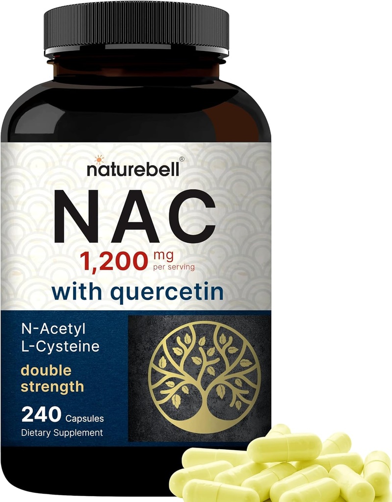 NatureBell NAC Supplement 1200mg Per Serving | 240 Capsules, N-Acetyl Cysteine with Quercetin | Double Strength - Support for Immune, Liver, & Lung Health