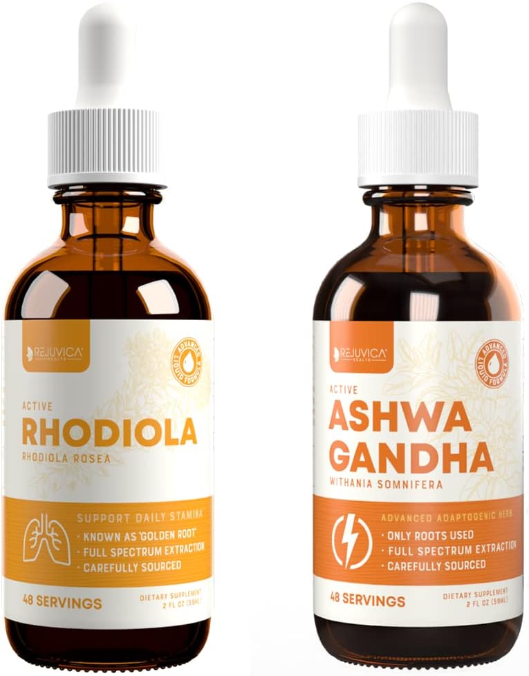 Rejuvica Health Active Rhodiola + Active Ashwagandha - Υποστήριξη Ενέργειας + Στρες - Υγρή Παράδοση για Καλύτερη Απορρόφηση - Rhodiola Root & Ashwagandha Root