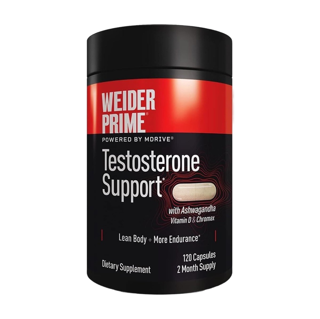 Weider Prime Testosterone Support - Ανδρική Διατροφή - Εμπλουτισμένη με Βιταμίνες & Ορυκτά - με Ashwagandha, Chromax Chromium, Bioperine & Zinc - Χωρίς Γλουτένη - 120 Κάψουλες