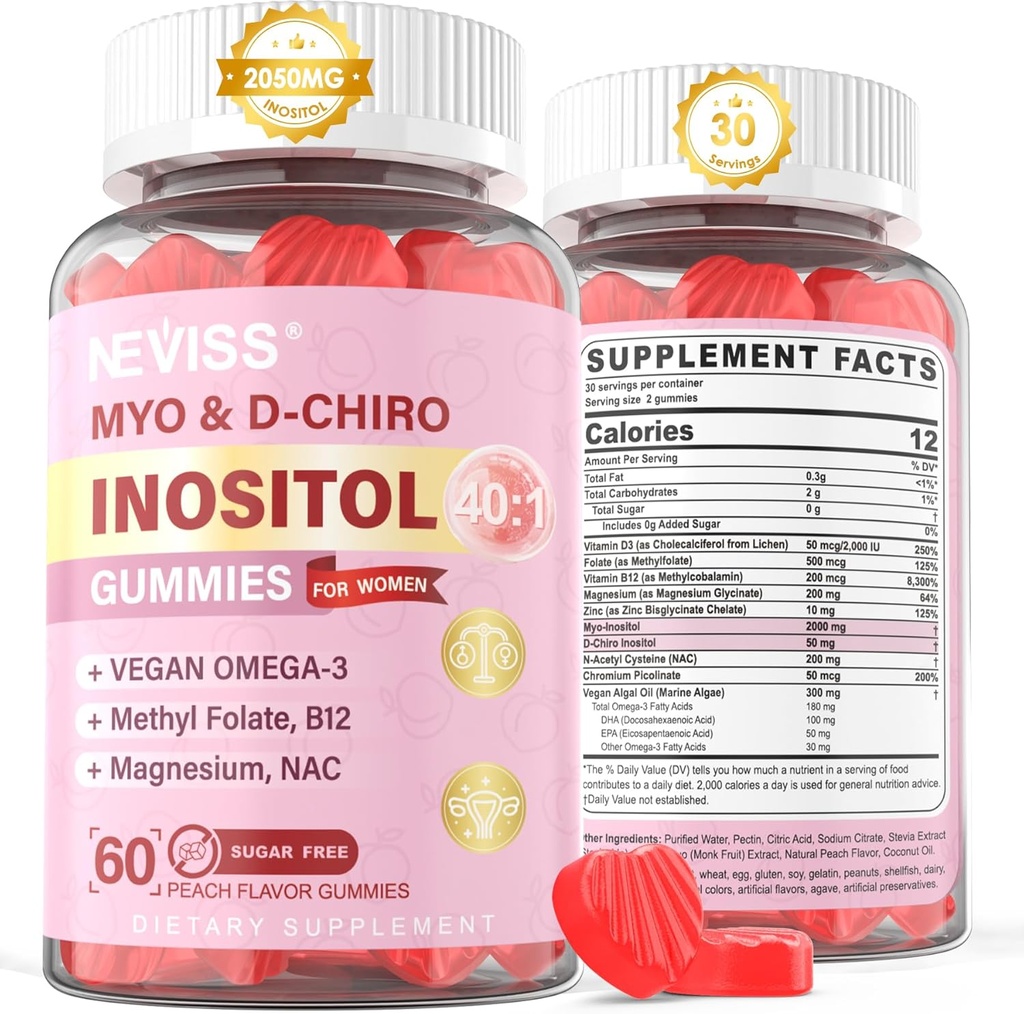 Myo-Inositol & D-Chiro Inositol Gummies Sugar Free, Ideal 40:1 Ratio Inositol Συμπλήρωμα για γυναίκες w/Vegan Omega-3, D3, Μαγνήσιο, Φολικό μεθύλιο, B12, Ινοσιτόλη Πολυβιταμίνη για τη συνολική υγεία των γυναικών