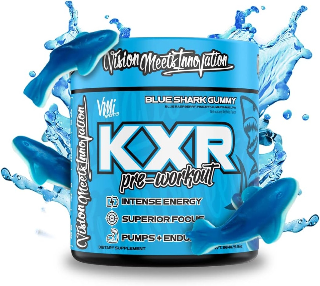 K-XR Pre-Workout Energy Powder | Intense Energy Pre-Workout Drink for Men and Women| Creatine Free | Improves Performance - Enhanced Focus & Increased Endurance | 30 Servings (Blue Shark Gummy)