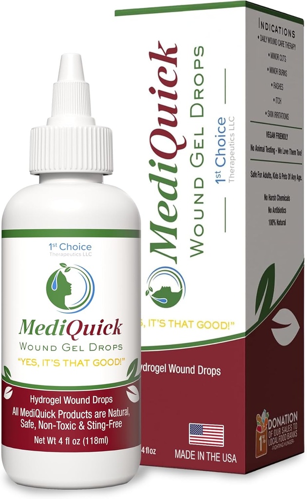 MediQuick Skin & Wound Care Hydrogel Drops - Γρήγορη επούλωση Πρώτες Βοήθειες με 12 ώρες Δράση για την επούλωση περικοπές, εγκαύματα, φλεγμονή, εξάνθημα, Itch, Eczema & More - Ασφαλής πλύση τραύματος με No-Sting - 4 Fl Oz