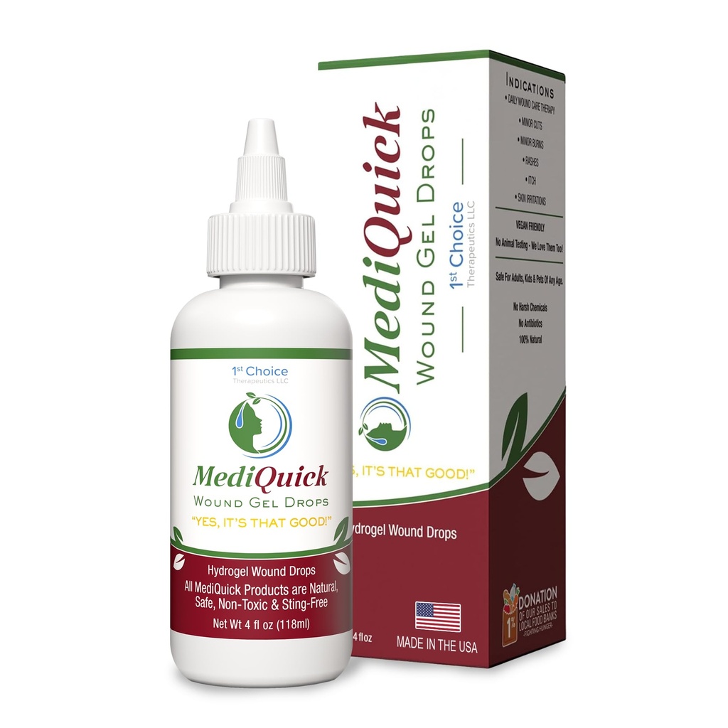 MediQuick Skin & Wound Care Hydrogel Drops - Quick Healing First Aid Drops with 12 Hours Action to Heal Cuts, Burns, Inflammation, Rash, Itch, Eczema & More - Safe Wound Wash with No-Sting - 4 Fl Oz