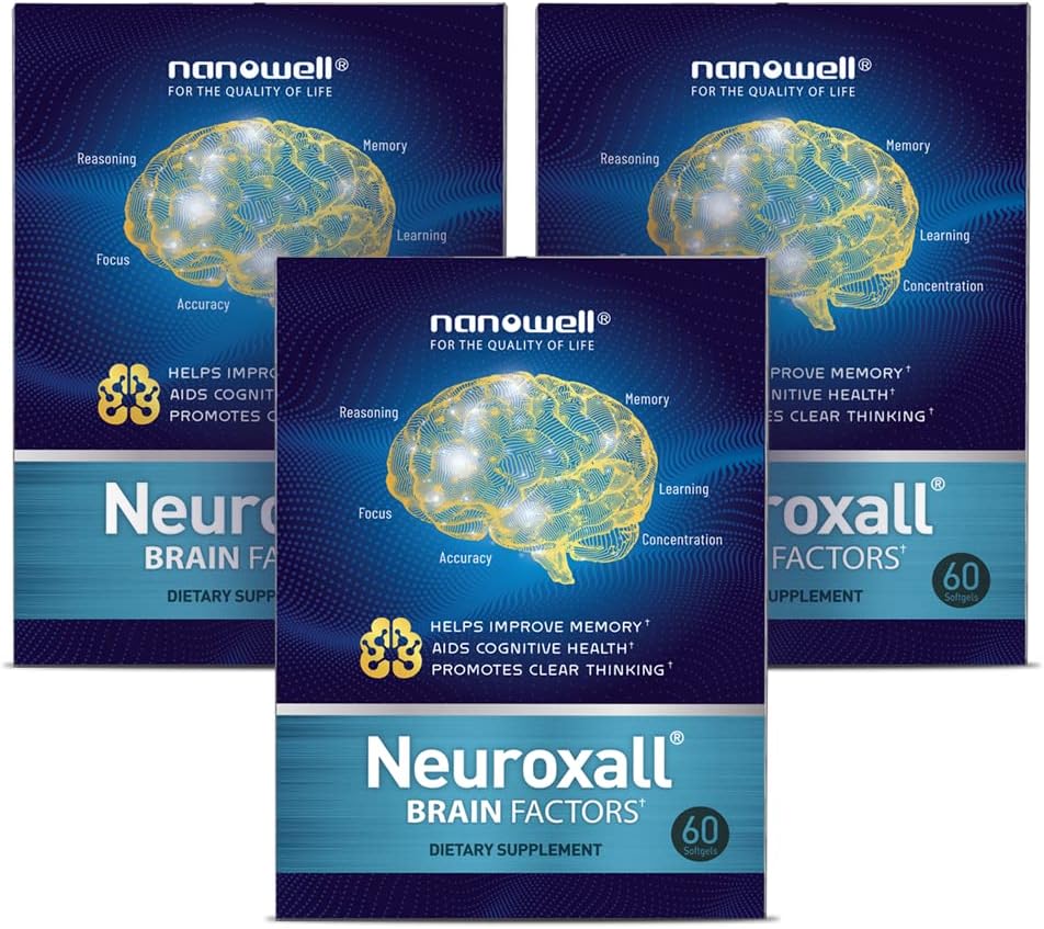 NANOWELL Neuroxall Brain Health Supplement for Enhanced Cognitive Function and Mental Clarity, Aspaxanthin, Ginkgo Biloba Extract, Antioxidant - 60 Softgels X 3 Boxes for 3 Months (180 Count)