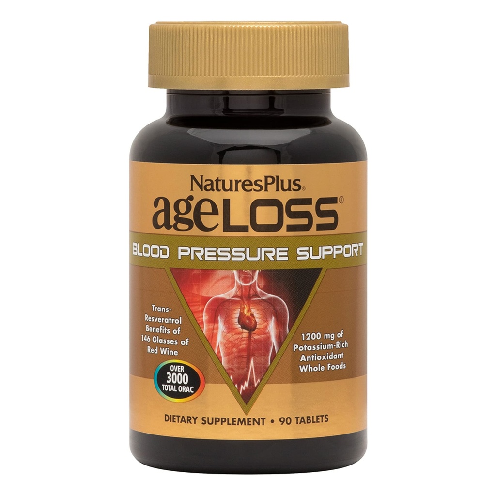 Natures Plus AgeLoss Υποστήριξη πίεσης αίματος - 90 δισκία - με Trans-Reεσβερατρόλη & 1200 mg ολόκληρων τροφίμων - χορτοφαγικά, χωρίς γλουτένη - 30 Σερβιέτες