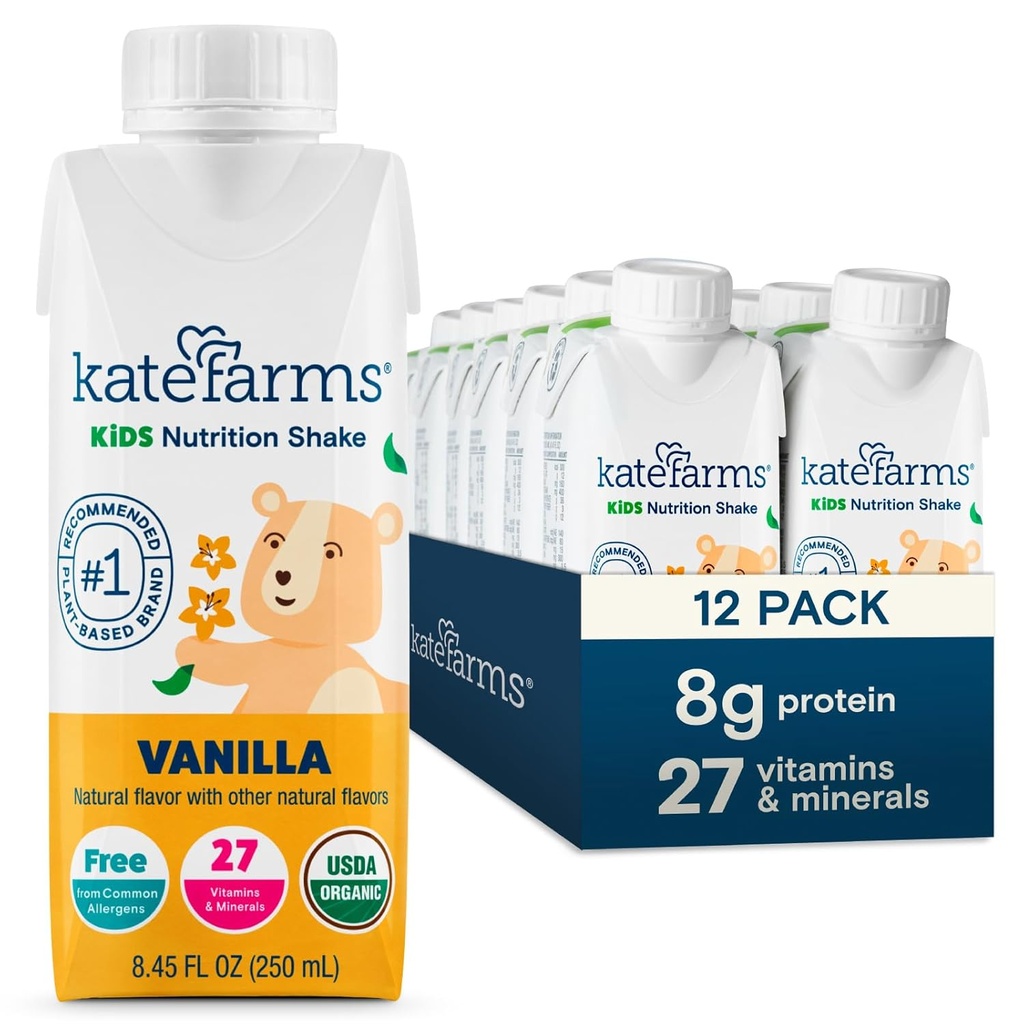 KATE FARMS Organic Kids Nutrition Shake, Βανίλια, 8g πρωτεΐνης, 27 Βιταμίνες και Ορυκτά, Ποτό αντικατάστασης γεύματος, Ανακινήστε πρωτεΐνη, Χωρίς γλουτένη, Μη ΓΤΟ, 8,45 FL oz (πακέτο των 12)