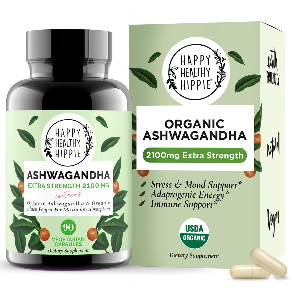 Οργανικές κάψουλες Ashwagandha 2100mg – Συμπλήρωμα ανακούφισης από το στρες – Επιπλέον δύναμη, 100% Herbal, Energy, Mood & Cortisol Manager, Περιλαμβάνει Μαύρο πιπέρι για υψηλή απορρόφηση – Μη-GMO, 90 Ct
