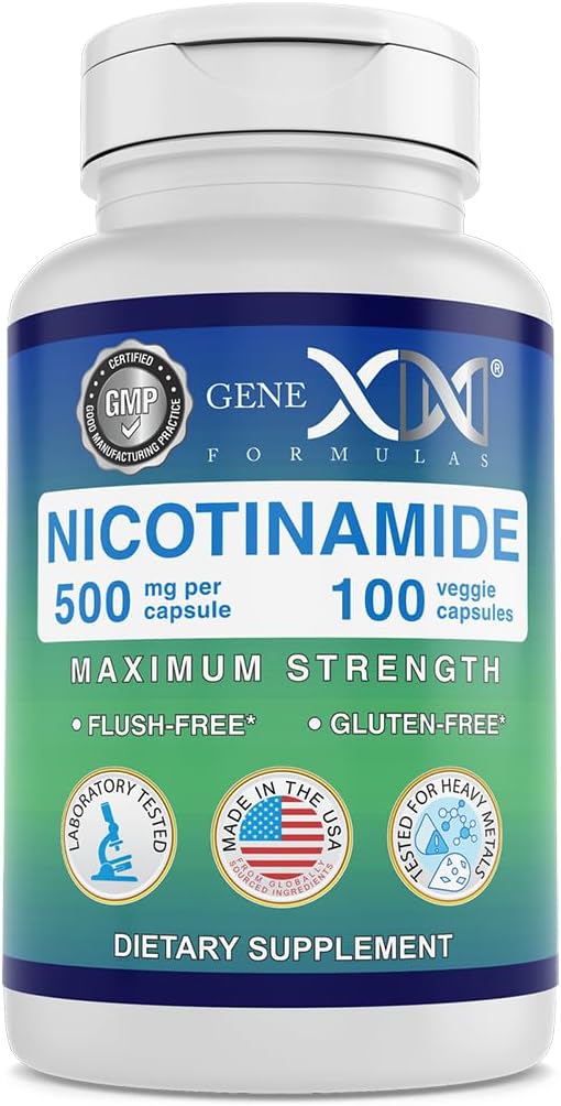 Genex Formulas - Νικοτιναμίδη 500mg Βιταμίνη B3 Flush Free Niacin Κάψουλες για υγιή δέρμα - Niacinamide συμπληρώματα Χάπια Βοήθεια Παραγωγή Κερατίνης & Υποστήριξη του δέρματος Κυτταρική Υγεία & Ενέργεια - (100 κάψουλες)
