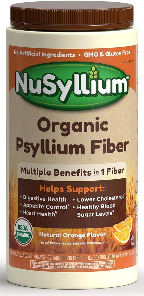 NuSyllium Psyllium Husk Powder, USDA Organic, 30,5 Oz, συμπλήρωμα ινών διατροφής με καφέ ζάχαρη, βοηθά Digestive Health* Φυσικό πορτοκάλι, 72 εξυπηρετεί