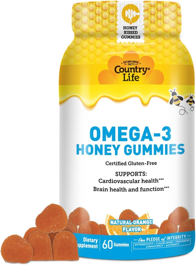 Χώρα Ζωή Ωμέγα-3 Gummies μέλι – Καρδιαγγειακή & Εγκεφαλική Υγεία Υποστήριξη – Μη ΓΤΟ, Πιστοποιημένα Χωρίς Γλουτένη – Φυσικά ζαχαρωμένα – 60 Gummies