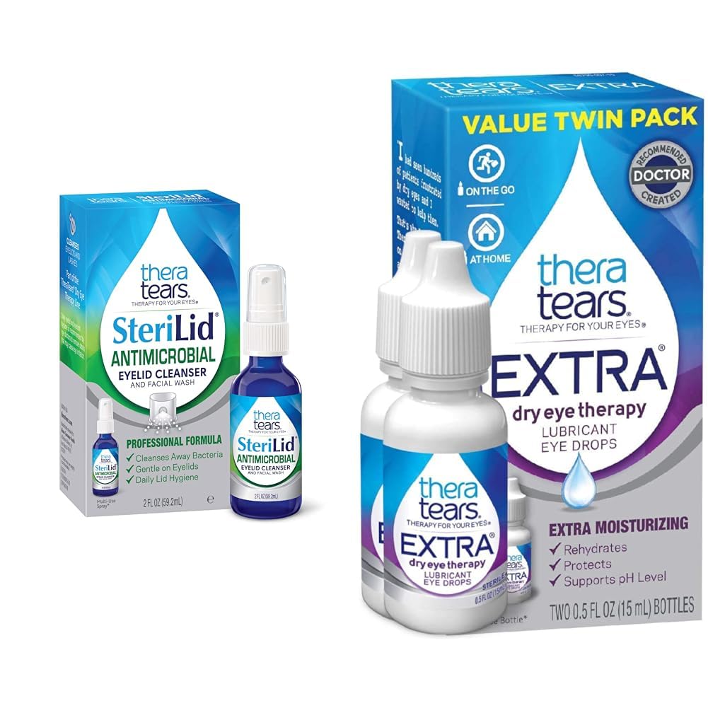 TheraTears Extra Dry Eye Therapy Lubricating Eye Drops for Dry Eyes, 0.5 fl oz Bottle, 2 Count & SteriLid Eyelid Cleanser and Face Wash, για ερεθισμένα μάτια, 2 fl oz Spray