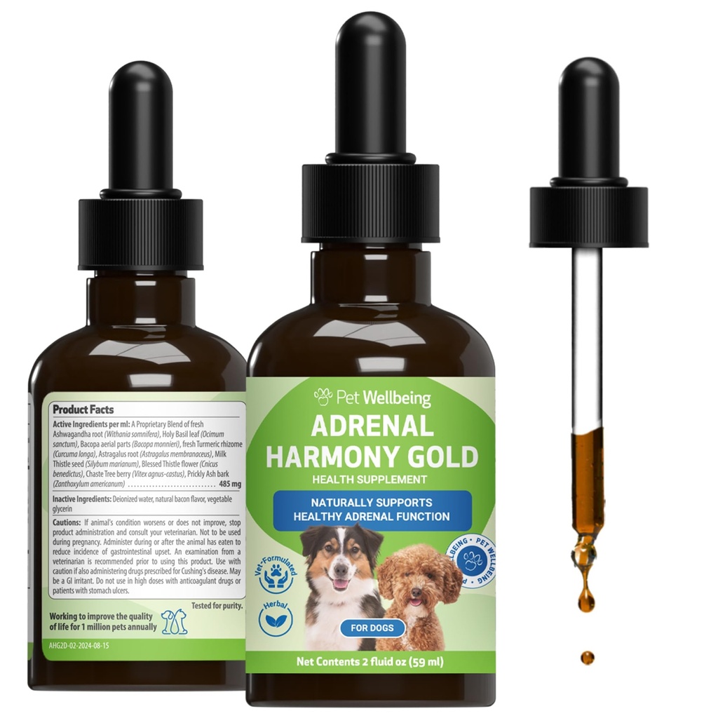 Pet Wellbeing Adrenal Harmony Χρυσό για Σκύλους - Vet-Formulated - Υποστηρίζει Υγιεινή Επιδερμική λειτουργία, Κανονική επίπεδα Κορτιζόλης, Υγιεινή Διψάς & Βάρος – Ολιστικό συμπλήρωμα – 2 oz (59 ml)