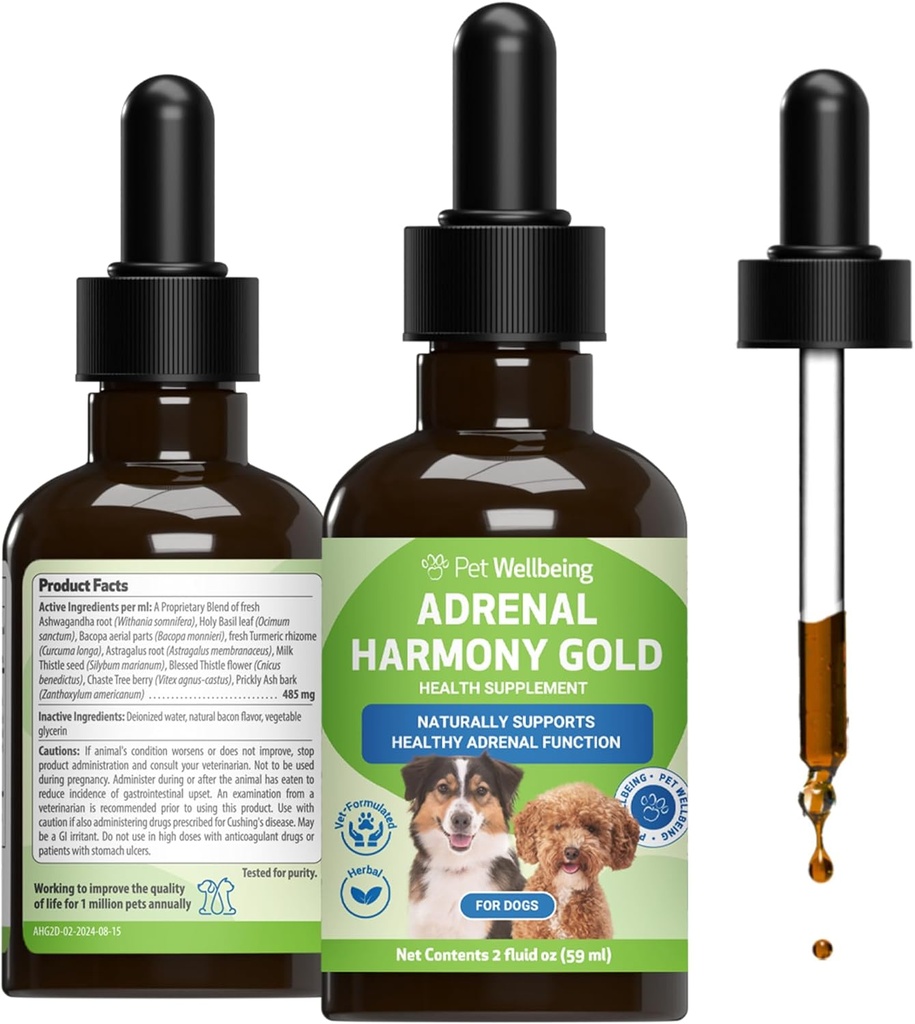 Pet Wellbeing Adrenal Harmony Χρυσό για Σκύλους - Vet-Formulated - Υποστηρίζει Υγιεινή Επιδερμική λειτουργία, Κανονική επίπεδα Κορτιζόλης, Υγιεινή Διψάς & Βάρος – Ολιστικό συμπλήρωμα – 2 oz (59 ml)