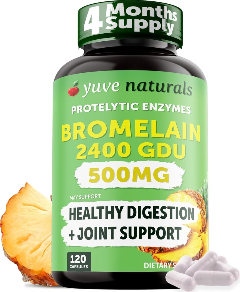 Yuve High Potency Bromelain 500mg 2400GDU Digestive Enzymes - Gut & Joint Health from Pineapple - Helps Digesting Proteins - Plant-Based, Non-GMO, 3rd Party Tested - 120 Capsules