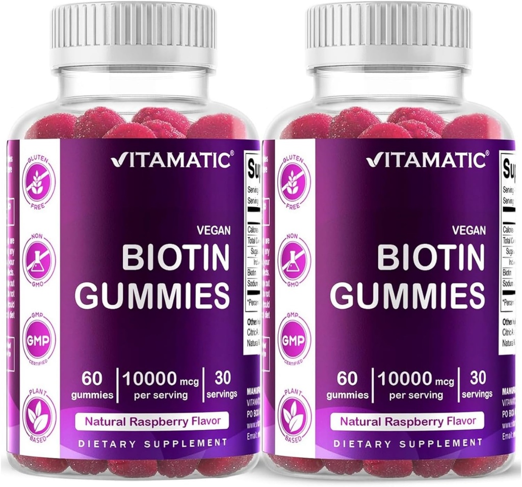 Vitamatic Biotin Gummies 10.000 mcg για ισχυρότερα μαλλιά, δέρμα & νύχια - 60 Vegan Gummies - Επίσης ονομάζεται βιταμίνη B7 (2 μπουκάλια)