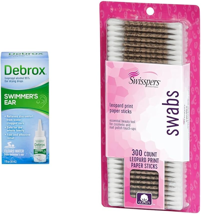 Debrox Swimmer's Ear Drops, 1 Fl Oz & Swisspers Premium Cotton Swabs, 300 Count for Water Clogged Ear Relief