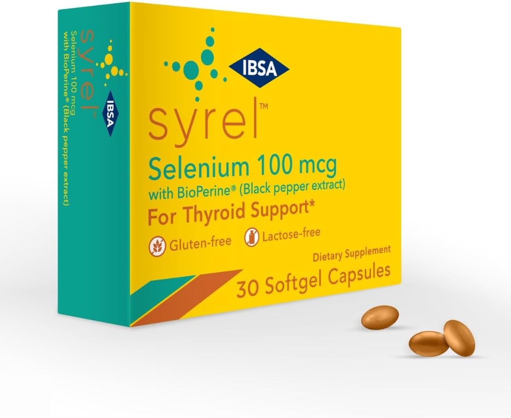 Syrel - Thyroid Supplement Υποστήριξη – 100mcg Σελήνιο και 5mg BioPerine - 30 Soft- Gel Caps για Αυξημένη βιοδιαθεσιμότητα και Απορρόφηση - Χωρίς γλουτένη, Χωρίς λακτόζη, Χωρίς ζάχαρη, Χωρίς ΓΤΟ