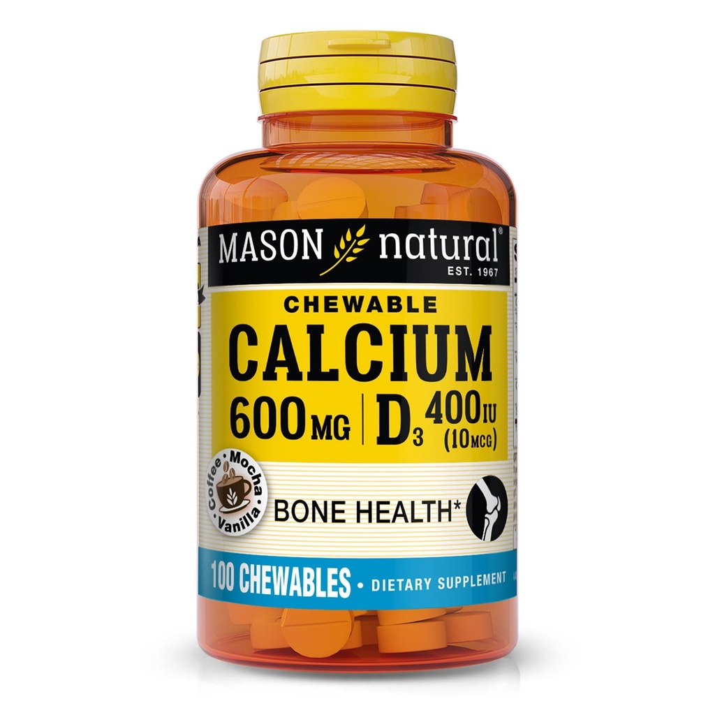 MASON ΦΥΣΙΚΟ Ασβέστιο 600 mg με Βιταμίνη D3, 100 Ημέρα προσφοράς, Υποστηρίζει υγιή οστά & Κανονική λειτουργία μυών, καφέ Μόκα Γεύση, 100 Μασώμενα