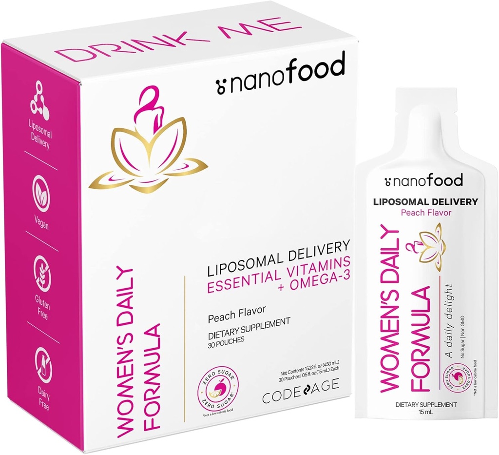 Codeage Liposomal Women's Daily Vitamins Liquid Pouch Formula, Vegan Omega-3 Liquid Multivitamin Supplement, Biotin, Vitamins A, B, C, D, E, Riboflavin, Berry - Non-GMO - 30 Pouches