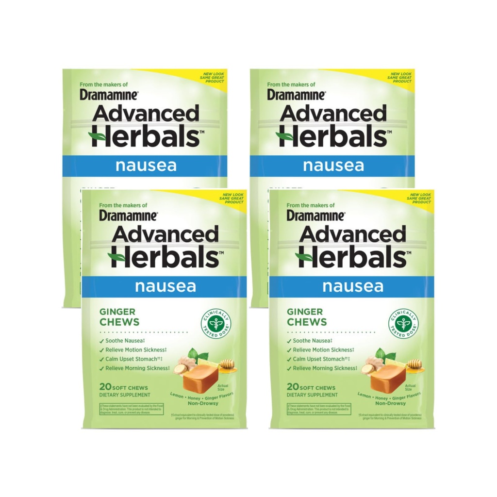 Dramamine Ginger Chews, Helps with Nausea, Lemon Honey Ginger Flavor, 20 Μαλακά Chews (πακέτο των 4)