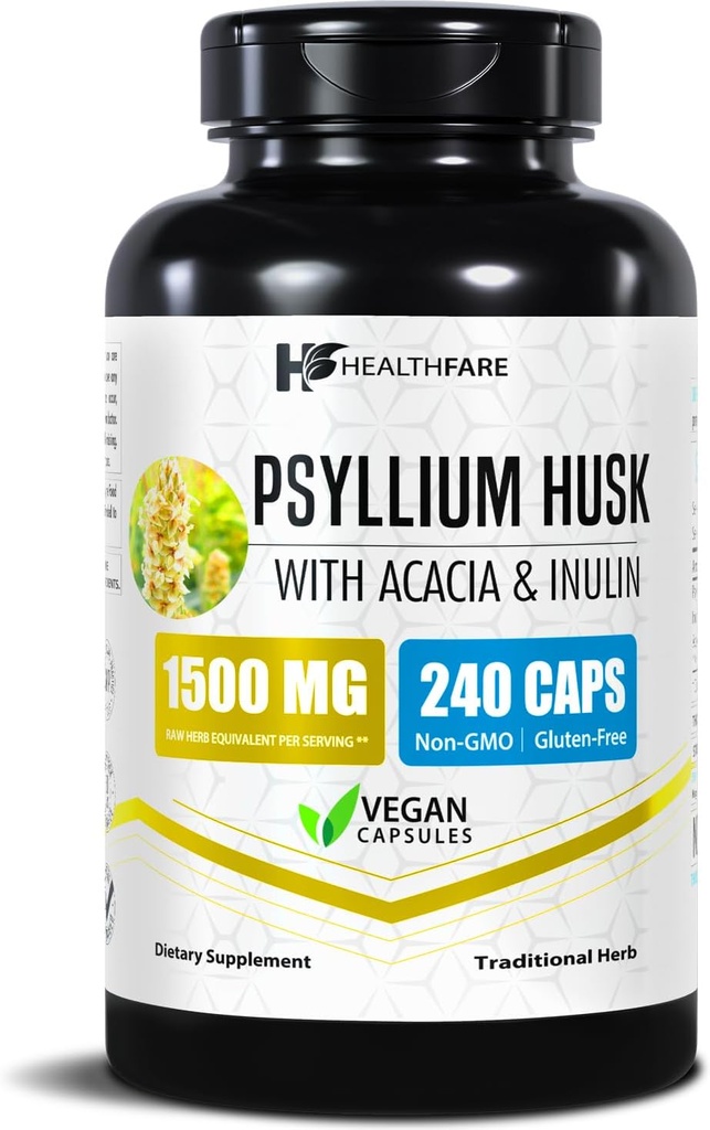 Healthfare Psyllium Husk Fiber 1500mg | 240 Vegan Capsules | Extra Strength Fiber Supplement | Supports Digestive Health | Non-GMO, Gluten-Free | Made in USA