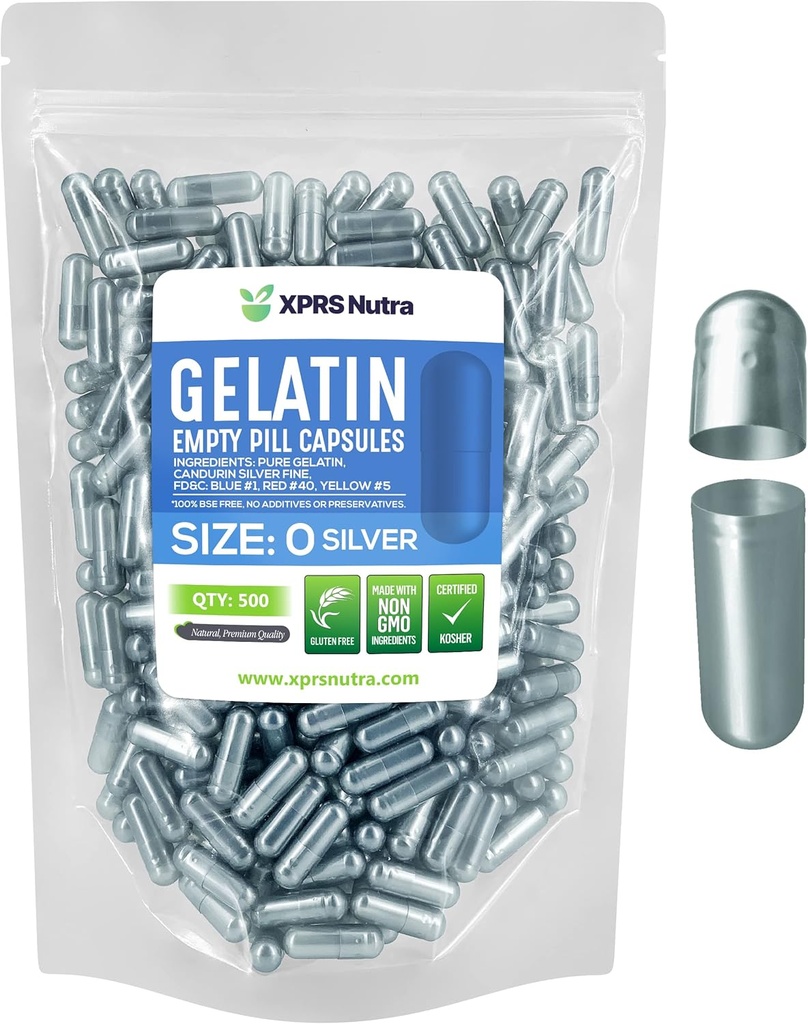 XPRS Nutra Μέγεθος 0 Κενές κάψουλες - 500 Count Empty Gelatin Κάψουλες - Χάπια DIY Κάλυμμα καψακίων - Καθαρά καπάκια τζελ για τα χάπια Bovine Gel Do-It-Yourself Συμπληρώματα (Ασημί)