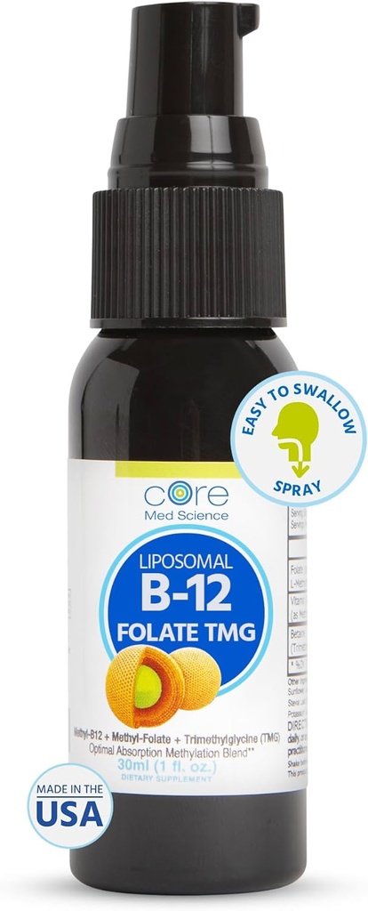Core Med Science Liposomal B12 Folate TMG Liquid Spray Supplement for Women & Men - Υποστηρίζει Mood, Cognitive, & Heart Health - Βιταμίνη B9 & Betaine για Homocysteine Επίπεδα & μεθυλίωση Κύκλος, 1 Fl Oz