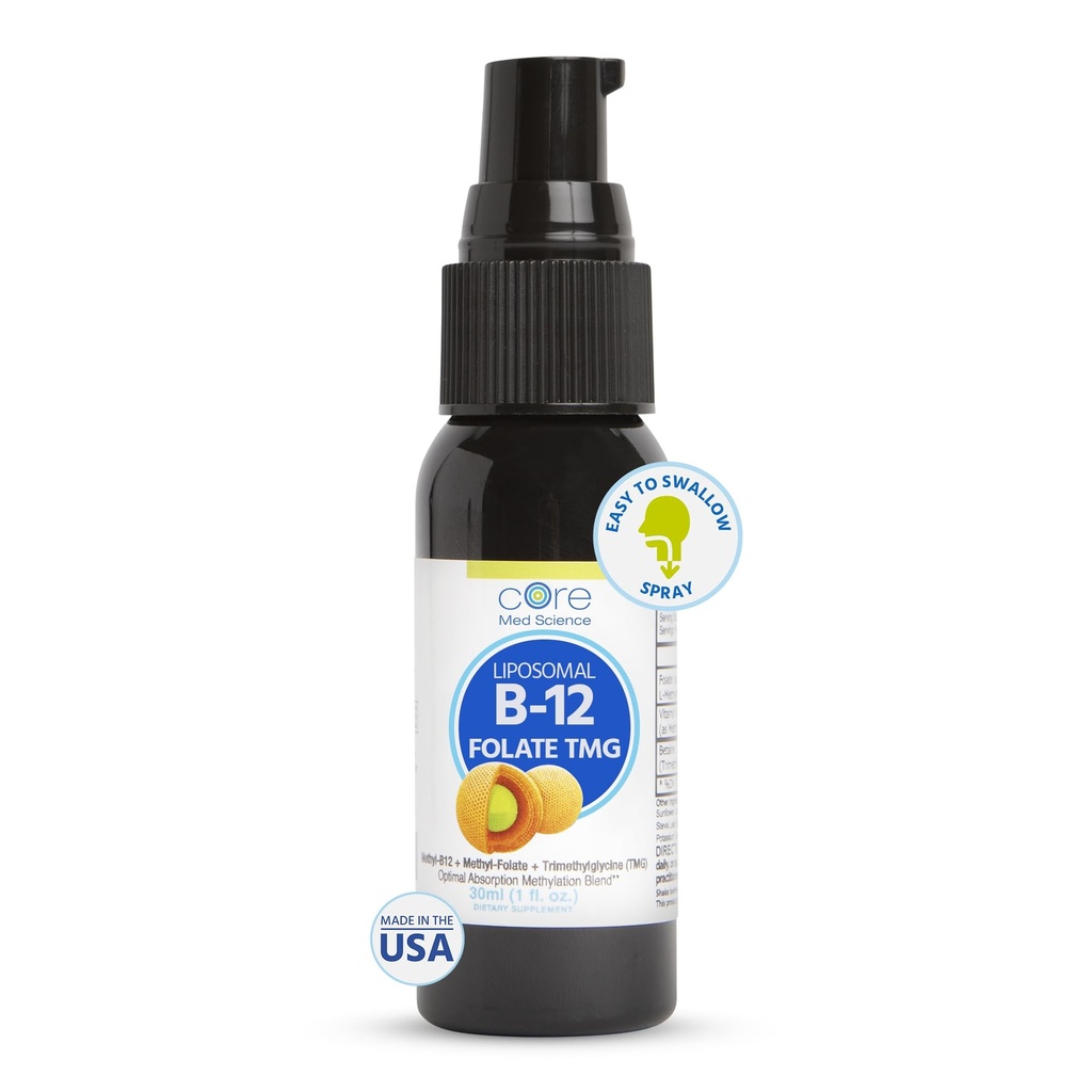 Core Med Science Liposomal B12 Folate TMG Liquid Spray Supplement for Women & Men - Υποστηρίζει Mood, Cognitive, & Heart Health - Βιταμίνη B9 & Betaine για Homocysteine Επίπεδα & μεθυλίωση Κύκλος, 1 Fl Oz