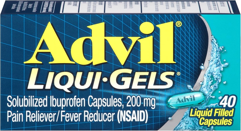 Advil Liqui-Gels Πόνος Αναπνευστήρας και πυρετός Μειωτής, Πόνος Ιατρική για Ενήλικες Με Ibuprofen 200mg Για Πονοκέφαλο, Πλάγιος Πόνος, Εμμηνορρυσιακός Πόνος και Ανακουφιστικός Πόνου - 40 Υγρά Καψάκια Γεμάτα