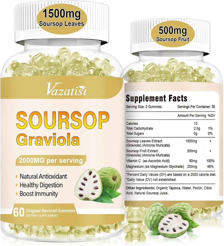 2 τεμ. Soursop Graviola Gummeis, οργανικά φύλλα σόγιας και εκχύλισμα φρούτων για την υποστήριξη & αναγέννηση κυττάρων, ανοσοενισχυτικό ενισχυτικό, διεγερτικό βοήθημα, ζάχαρη δωρεάν / Vegan, αρχικό άρωμα