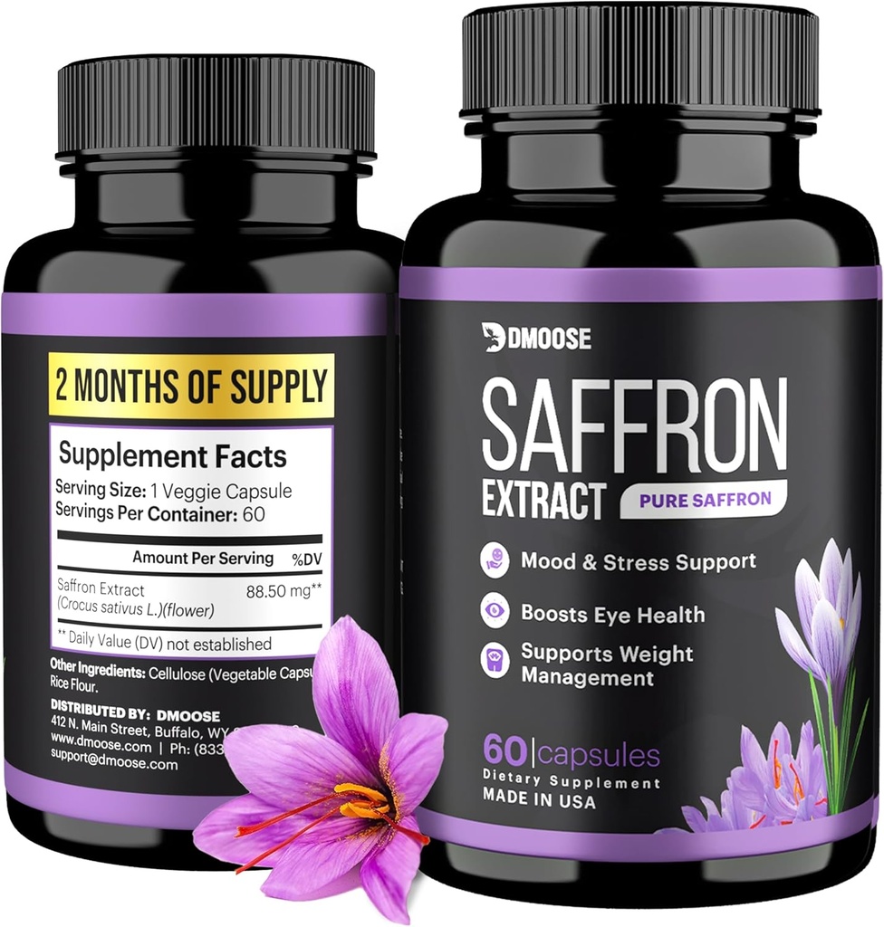 DMoose Saffron Extract (88, 5 mg) - Ενίσχυση της ενέργειας, υποστήριξη της υγείας των ματιών - συμπλήρωμα μη GMO Saffron για άνδρες και γυναίκες - 60 κάψουλες (2 μήνες υπηρεσία) (60 κόμης)